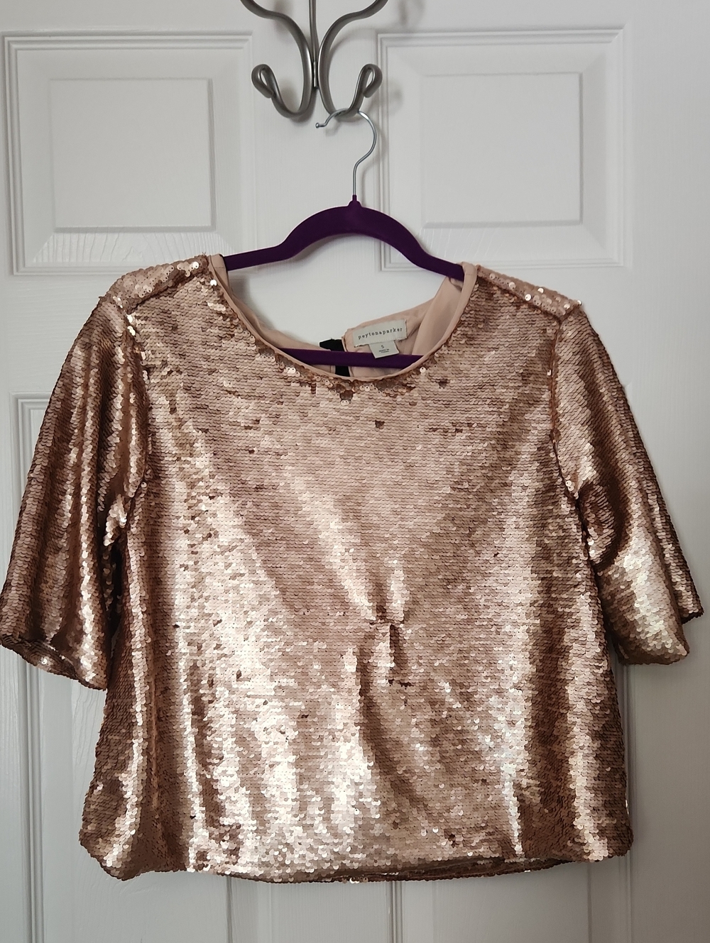 Chic Rave Office Business Casual Sequin Rose Gold Crop Top with Short Sleeves